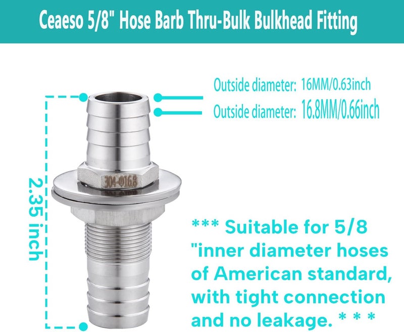 CbeeSo 5/8" Hose Barb Thru-Bulk Bulkhead Fitting,304 Stainless Steel Straight Hex Union Fitting for Water Fuel Air，lead-free (Pack of 2) - Image 2